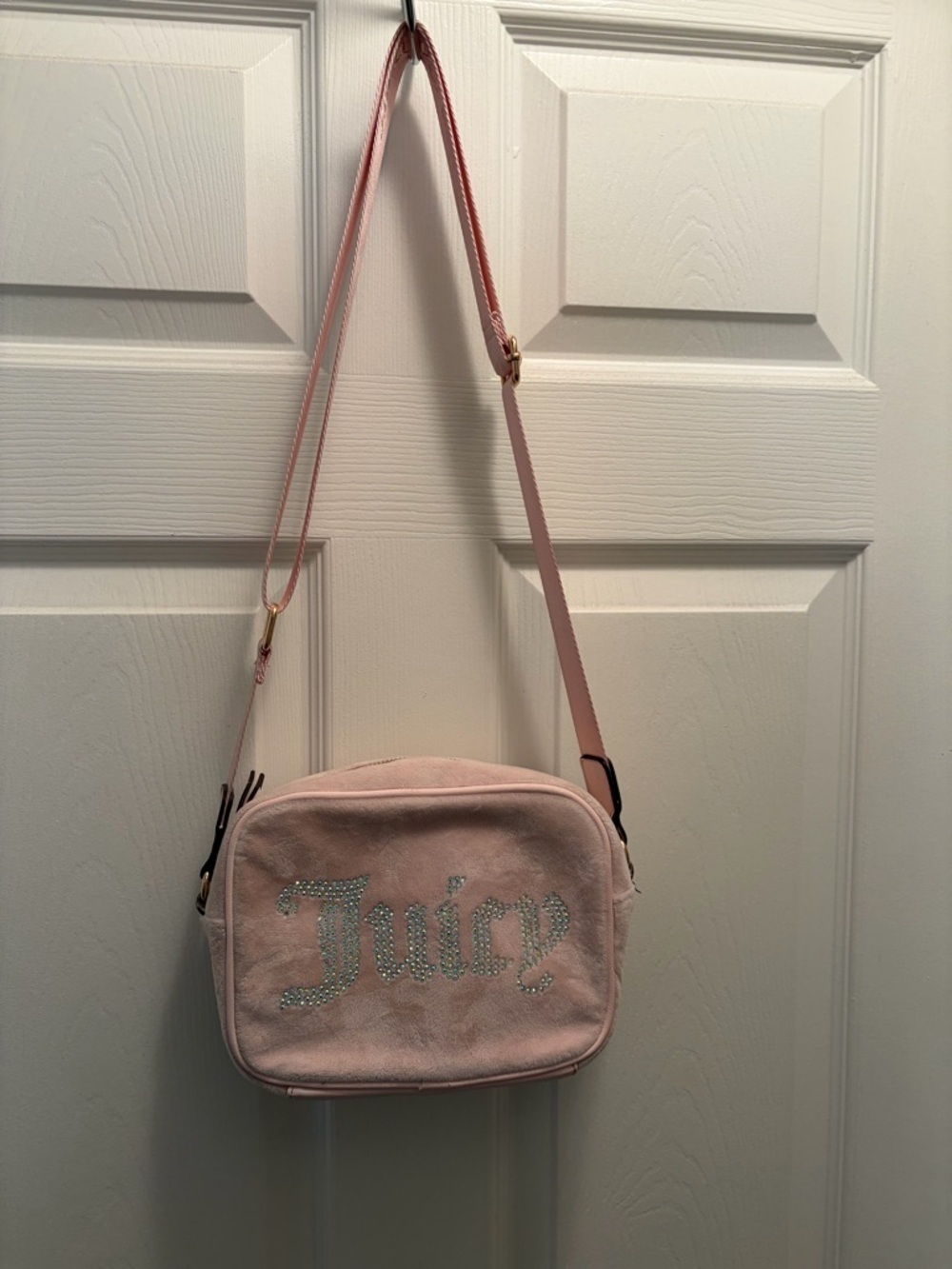 Juicy Couture Pink Velour Rhinestone Logo Crossbody Bag Y2K